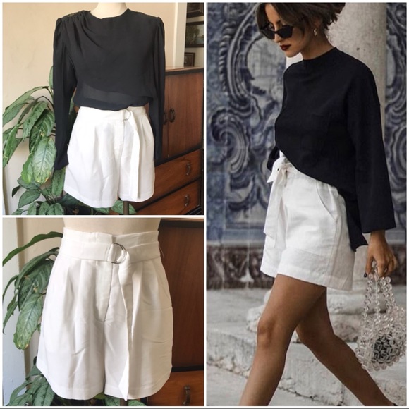 white high waisted belted shorts